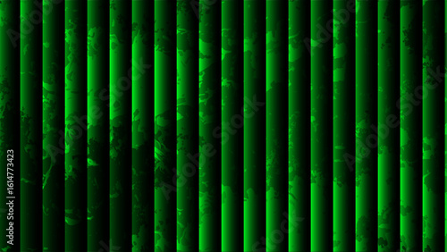 Abstract visually striking background with vertical striped bars in varying shades of glowing green.  Smoky, marbled, or cloudy texture depth and an illusion with structured pattern.