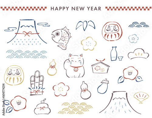 日本のお正月、新年の縁起物などのイラストセット。手描きのゆるい線画、モダンな和の配色。