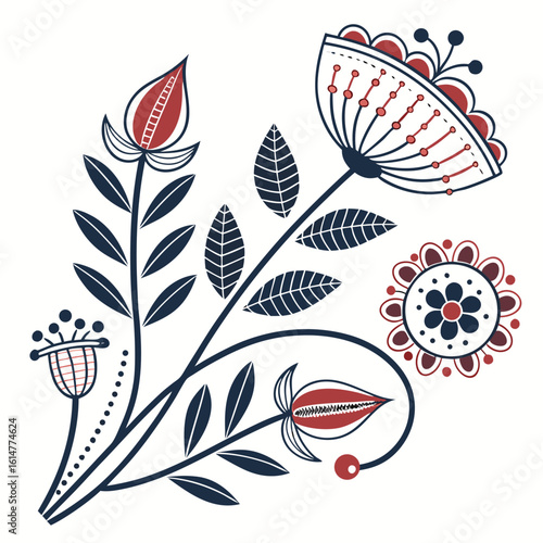 Stylized floral arrangement featuring red and dark blue flowers and leaves on a white background artful design