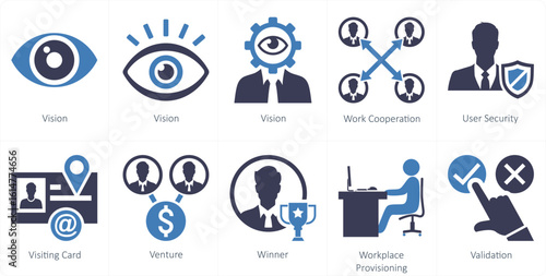 A set of 10 mix icons as vision, work cooperation, user security