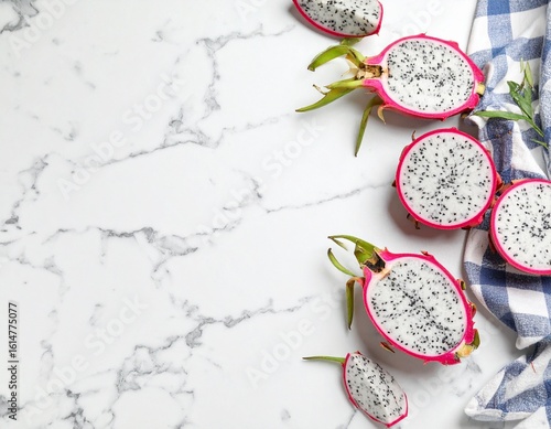 Wallpaper Mural Fresh Dragon Fruit Slices on White Marble, Vibrant Colors and Texture Torontodigital.ca