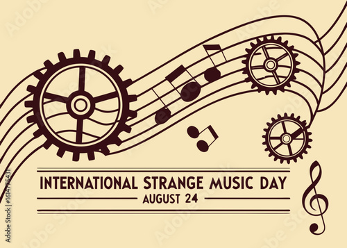 vector combining music notes and gears, perfect for strange music day branding, merchandise, or editorial illustration use