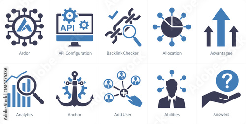 A set of 10 mix icons as ardor, api configuration, backlink checker