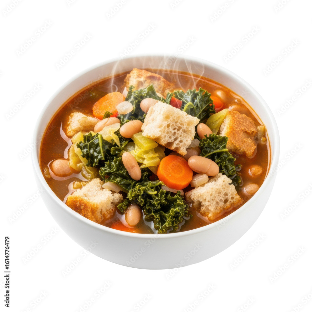 A steaming hot rustic ribollita soup, with chunks of kale, cabbage, cannellini beans, carrots, and artisan bread, in a white ceramic bowl, on a transparent background, concept for commercial food A steaming hot rustic ribollita soup, with chunks of kale, cabbage, cannellini beans, carrots, and artisan bread, in a white ceramic bowl, on a transparent background, concept for commercial food