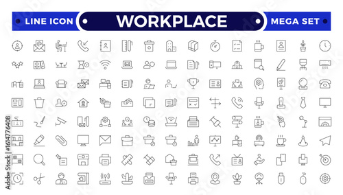 Workplace Outline icon set. Office icon set. Containing briefcase, desk, computer, meeting, employee, schedule and co-worker symbol. Outline workspace icons vector collection.