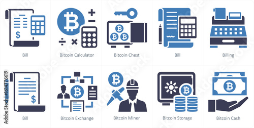 A set of 10 mix icons as bill, bitcoin calculator, bitcoin chest
