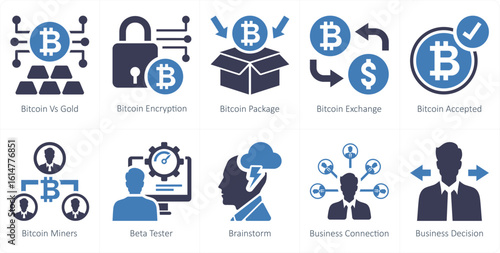 A set of 10 mix icons as bitcoin vs gold, bitcoin encyption, bitcoin package