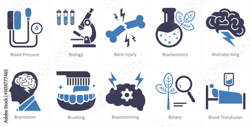 A set of 10 mix icons as blood pressure, biology, bone injury