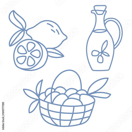 Set of italian food elements with lemon, olive oil and pastry.