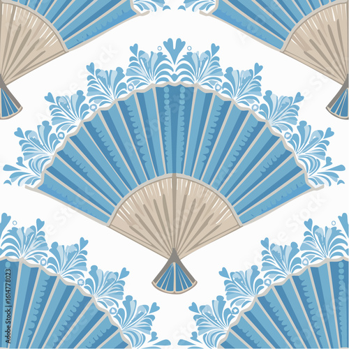 Vintage Style Elegant Floral Art Deco Seamless Fan vector Pattern in Blue Color