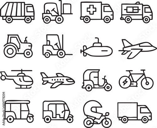 Set of 16 outline transport icons in black and white, including car, bus, train, airplane, boat, electric scooter, and bicycle. Clean vector style, perfect for infographics, UI, or signage.