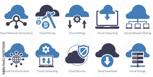 A set of 10 mix icons as cloud network connectivity, cloud mining, cloud settings