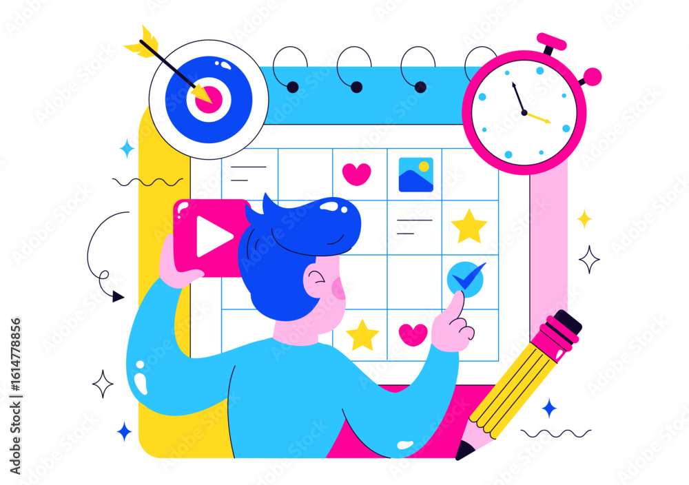 Obraz premium Social Media Content Planning Illustration Featuring People Making Notes on the Calendar with Scheduling Posts and Media Plan for Promotion Marketing