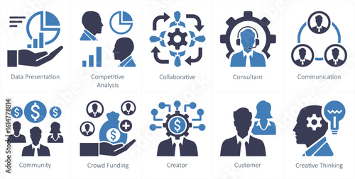 A set of 10 mix icons as data presentation, competitive analysis, collaborative