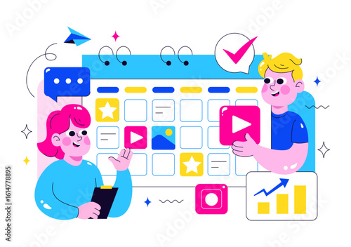 Social Media Content Planning Illustration Featuring People Making Notes on the Calendar with Scheduling Posts and Media Plan for Promotion Marketing