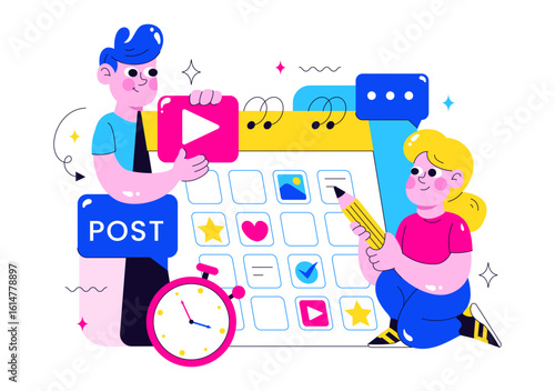 Social Media Content Planning Illustration Featuring People Making Notes on the Calendar with Scheduling Posts and Media Plan for Promotion Marketing