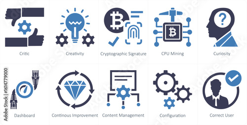 A set of 10 mix icons as critic, creativity, cryptographic signature