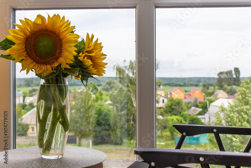 flowers sunflowers close-up in a vase next to a chair, yellow, sunny flowers, bouquet of flowers
