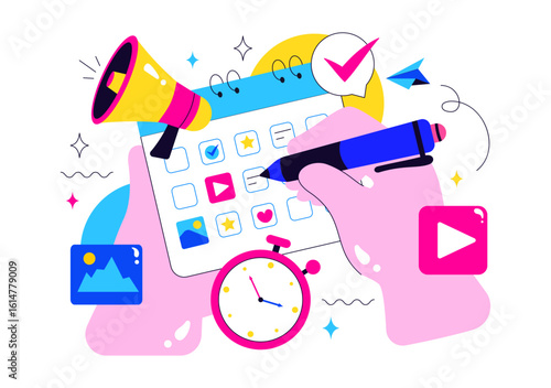 Social Media Content Planning Illustration Featuring People Making Notes on the Calendar with Scheduling Posts and Media Plan for Promotion Marketing