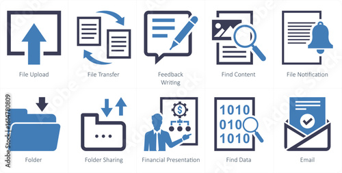 A set of 10 mix icons as file upload, file transfer, feedback writing