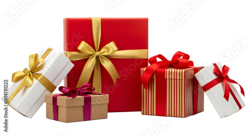 Collection of festive gift boxes with ribbons isolated on transparent background