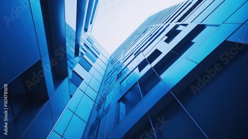blue  modern architecture  skyscrapers  glass and steel  geometric  angular  futuristic  minimalist  cityscape  urban environment  perspective  vanishing point  symmetry  lines  abstract 