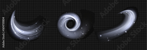 Magic wind swirls with snow particles on dark background - glowing winter spiral effects, white sparkles and cold air streams. Fantasy blizzard for game spell, mystical atmosphere and seasonal design.