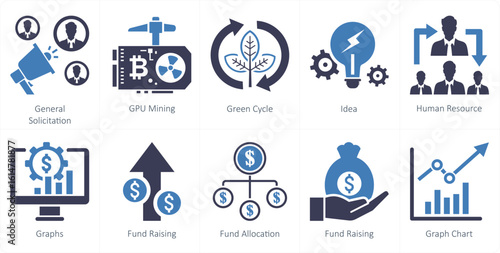 A set of 10 mix icons as general solicitation, gpu mining, green cycle