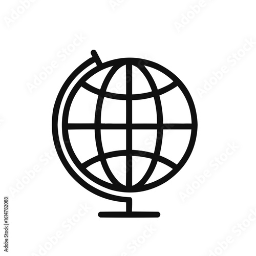 Illustration of a globe with a stand and grid lines in black and white simple vector design style