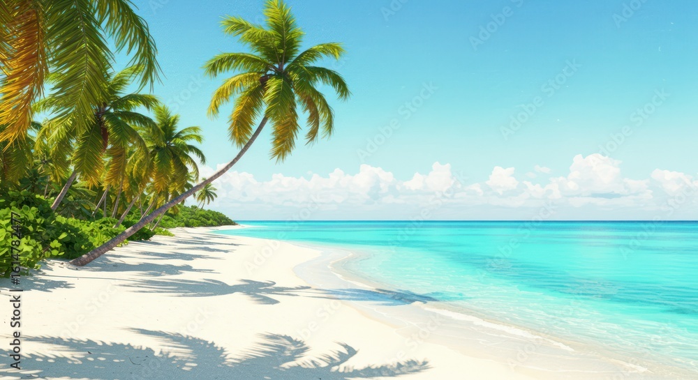 Idyllic tropical beach scene with palm trees and turquoise water Idyllic tropical beach scene with palm trees and turquoise water