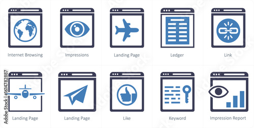 A set of 10 mix icons as internet browsing, impressions, landing page