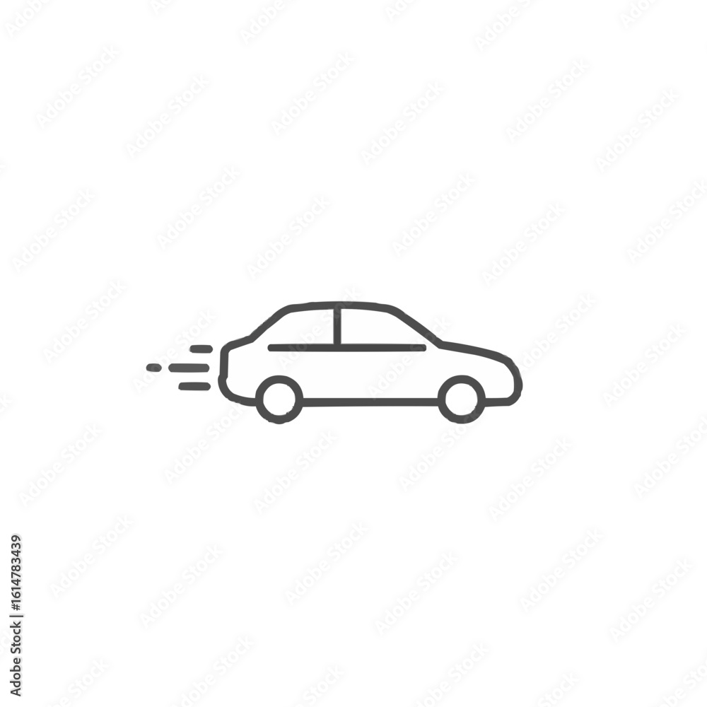 Outline drawing of a car moving quickly with motion lines behind it showing speed and movement forward Outline drawing of a car moving quickly with motion lines behind it showing speed and movement forward