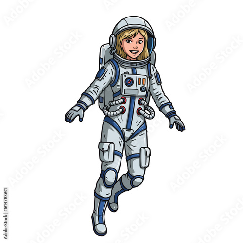 A cartoon astronaut with blonde hair wearing a white spacesuit floating in a weightless environment smiling