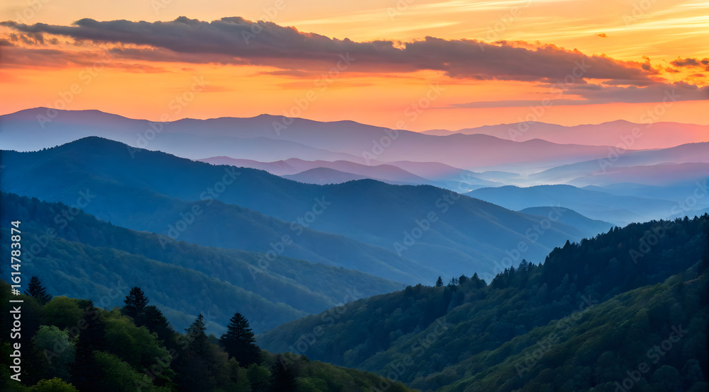 Fototapeta premium Sunset Over Blue Mountain Layers