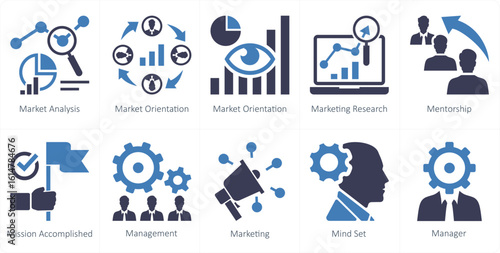 A set of 10 mix icons as market analysis, market orientation, markleting research