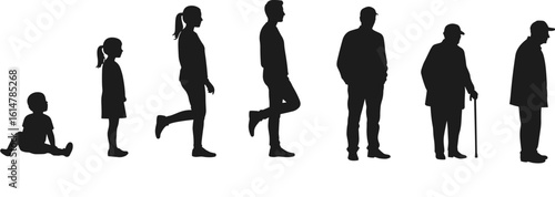 Life Stages Human Silhouettes Collection, Depicting Growth from Baby to Elderly, Symbolizing Aging Process, Generations, and Human Development, Ideal for Education, Healthcare, and Family Concepts.