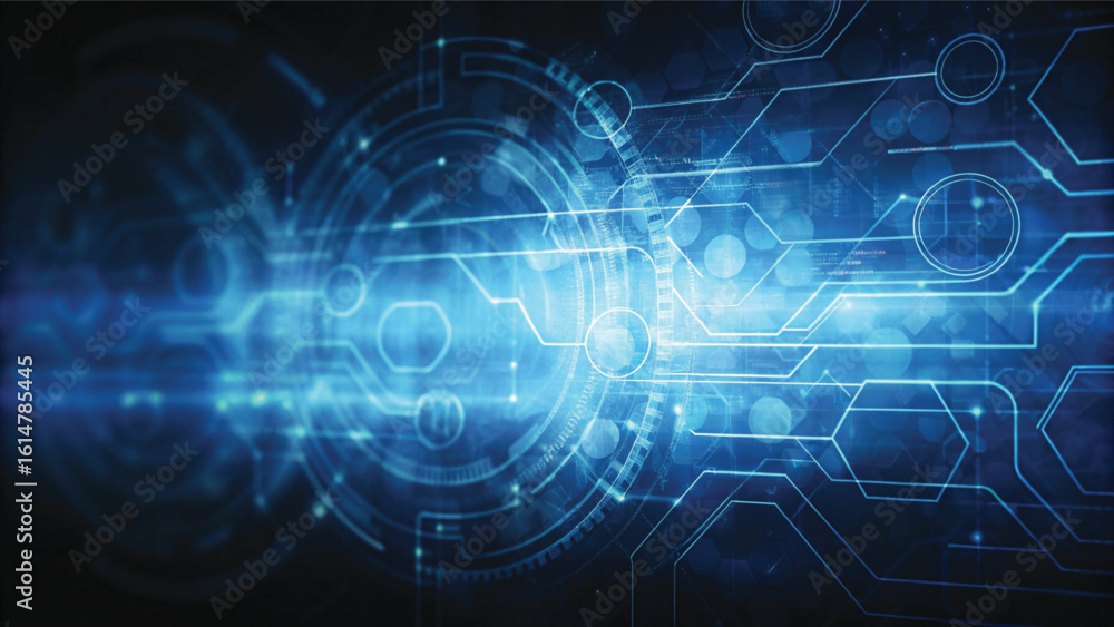 Fototapeta premium Close-up of a blue circuit board background with digital lines illustrating technology and network communication design