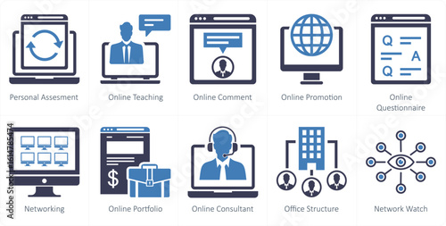 A set of 10 mix icons as personal assessment, online teaching, online comment