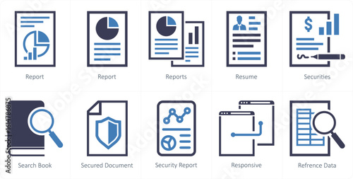 A set of 10 mix icons as report, resume, securities