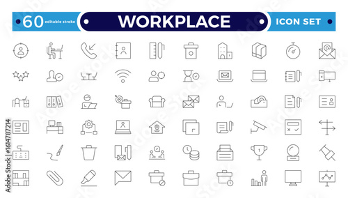 Workplace Outline icon set. Office icon set. Containing briefcase, desk, computer, meeting, employee, schedule and co-worker symbol. Outline workspace icons collection. Editable stroke outline icon. 

