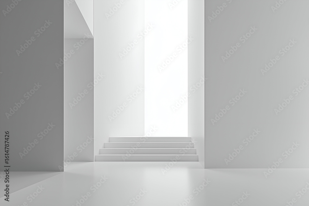 Fototapeta premium Minimalist White Interior with Stairs Leading to a Bright Light