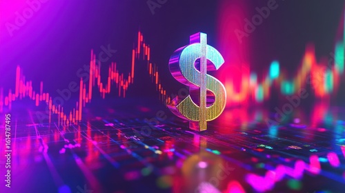 colorful dynamic financial chart, dollar sign, fluctuating stock market, neon glow, digital finance, abstract financial data visualization, futuristic finance concept
