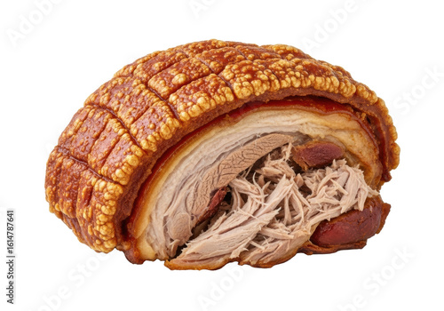 Perfectly slow-roasted Pernil with golden crispy crackling skin & tender succulent meat, isolated on transparent background, bright studio lighting, no shadows, concept for commercial food