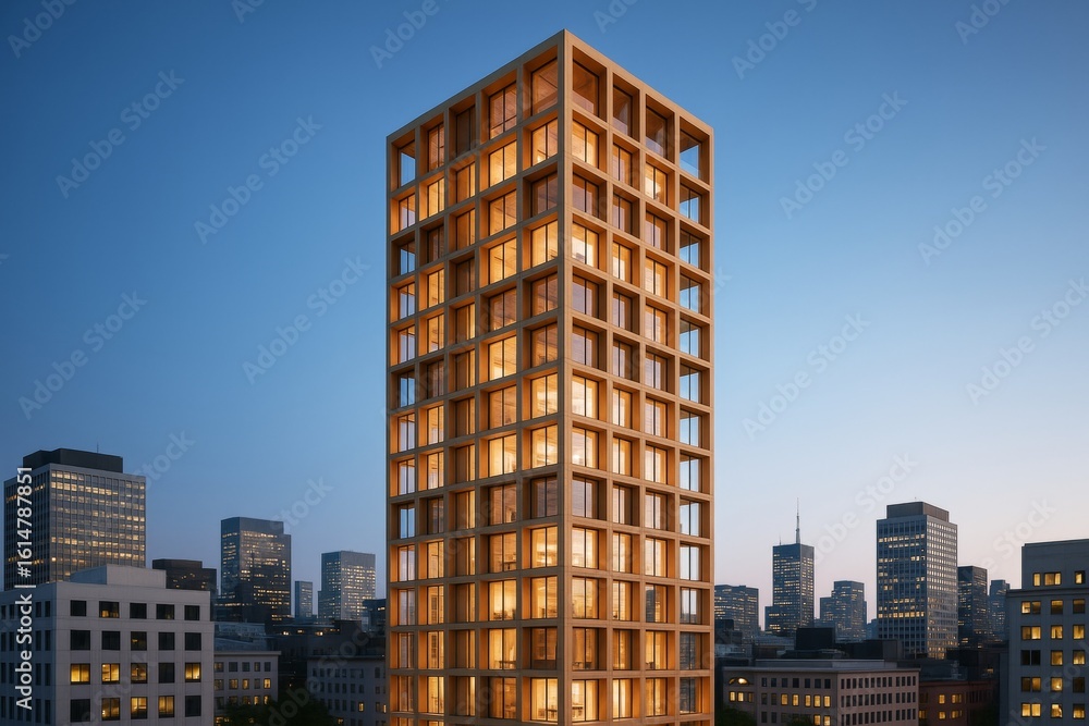 Fototapeta premium Modern high-rise building with illuminated windows against twilight cityscape background, showcasing architectural concept and lighting design style. Ai generative