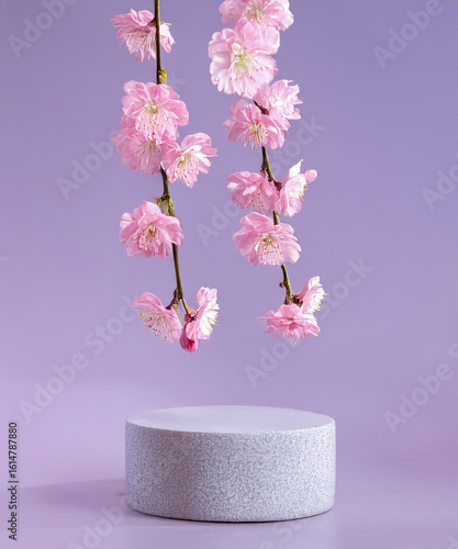 pink podium display. Sakura pink flower falling. Cosmetic or beauty product promotion step floral, pastel pedestal. Abstract minimal advertise.
