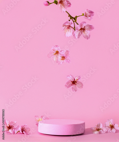 pink podium display. Sakura pink flower falling. Cosmetic or beauty product promotion step floral, pastel pedestal. Abstract minimal advertise.