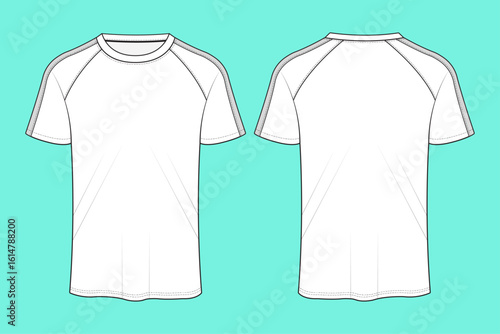 Men's Short Sleeve Raglan Activewear T-Shirt Fashion Flat Sketch Technical CAD Drawing Template.