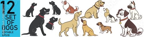 Cute avatars of different dog breeds set. Portraits of happy muzzles of various puppies, pets. Funny faces of corgi, bulldog, akita inu, labrador, husky