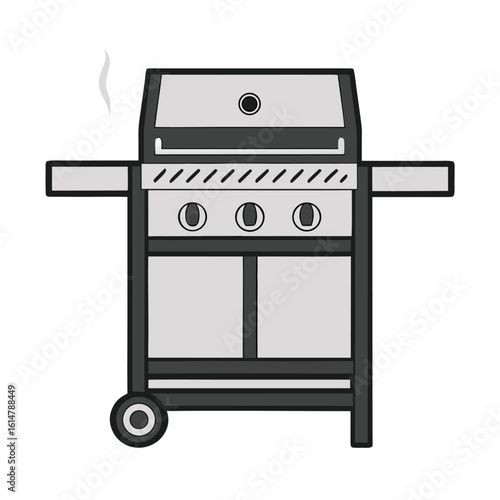 Grayscale gas barbecue grill with smoke, an isolated outdoor cooking scene on a white background.