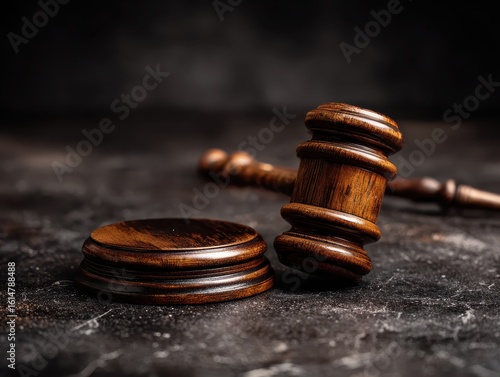 Wooden gavel and sound block on a marbled surface, dark background, courtroom concept